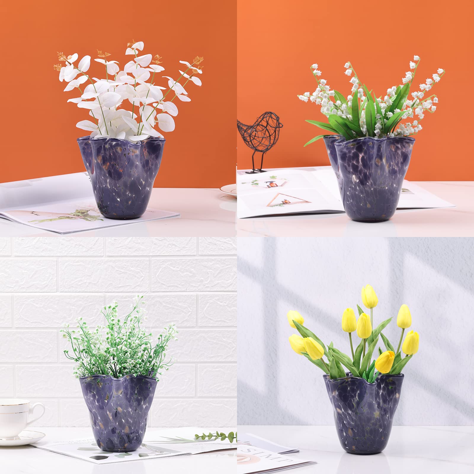 Amazon.co.jp: 手吹きガラスの花瓶装飾、紫色の広口の花びら花瓶
